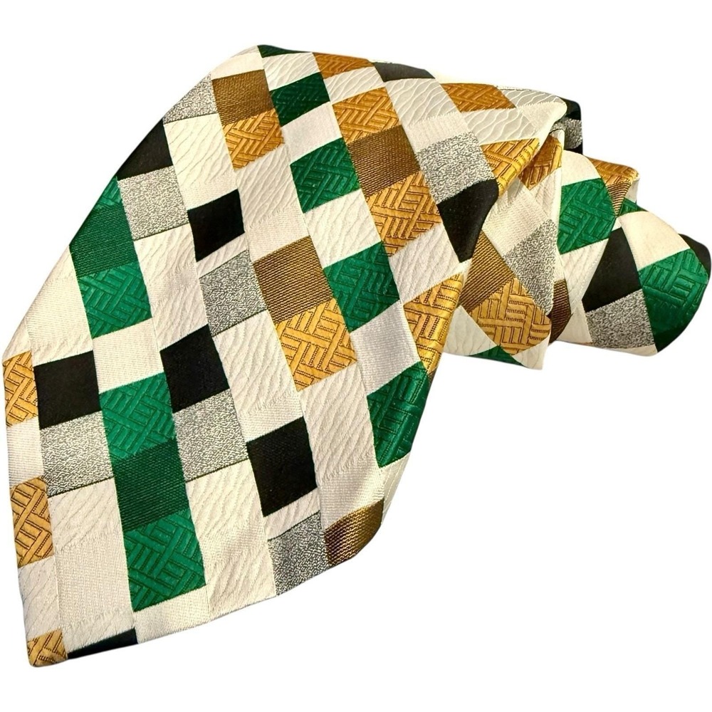 Christian Dior Vintage Tie WPL 490 Geometric Patchwork‎ Print - Green Gold Black